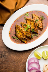 Patodi Rassa Bhaji or patwadi Sabji, a popular Maharashtrian spicy recipe served with Chapati and salad. Selective focus