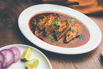Patodi Rassa Bhaji or patwadi Sabji, a popular Maharashtrian spicy recipe served with Chapati and salad. Selective focus