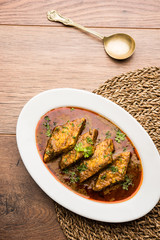 Patodi Rassa Bhaji or patwadi Sabji, a popular Maharashtrian spicy recipe served with Chapati and salad. Selective focus