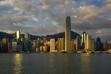 morning cityscape in hong kong with sun light