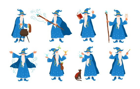 Collection of old wizard making magic isolated on white background. Bundle of elderly sorcerers or fairytale magicians practicing wizardry. Colorful vector illustration in flat cartoon style.