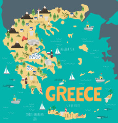 Illustration map of Greece with nature, animals and landmarks. Editable Vector illustration