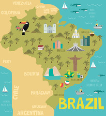 Illustration map of Brazil with nature, animals and landmarks. Editable Vector illustration