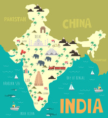 Illustration map of India with nature, animals and landmarks. Editable Vector illustration