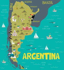 Illustration map of Argentina with nature, animals and landmarks. Editable Vector illustration