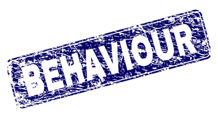 BEHAVIOUR stamp seal print with grunge style. Seal shape is a rounded rectangle with frame. Blue vector rubber print of BEHAVIOUR label with corroded style.