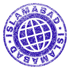 ISLAMABAD stamp imprint with grunge texture. Blue vector rubber seal imprint of ISLAMABAD caption with dust texture. Seal has words arranged by circle and planet symbol.