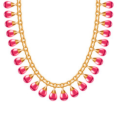 Obraz premium Chunky chain golden necklace or bracelet with red drops pendants.