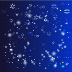 Snow and snowflakes, bright white, snow from small to large, round, on a transparent blue background.