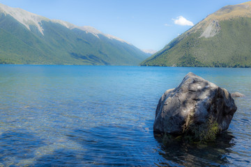 lake in the mountains with rock
