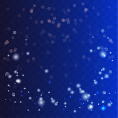 Snow and snowflakes, bright white, snow from small to large, round, on a transparent blue background.