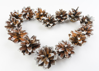 The heart is lined with pine cones on a white background.