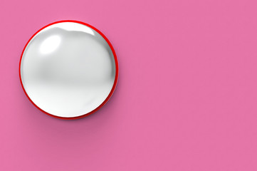 3d rendering. convex traffic mirror on pink wall background.