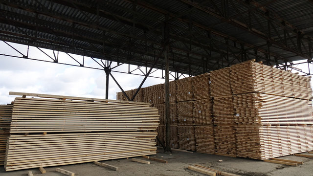 Plant for the production of wood boards. Pilorama. The concept of production, manufacturing and woodworking.