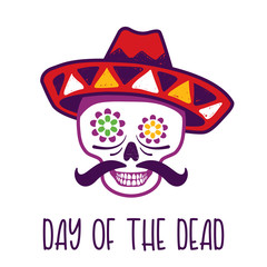 Dia de los muertos. Day of The Dead vector poster with festive skull in sombrero, bones.