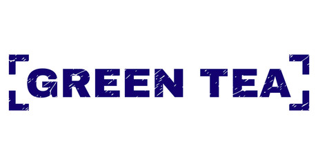 GREEN TEA label seal print with corroded texture. Text label is placed between corners. Blue vector rubber print of GREEN TEA with dust texture.