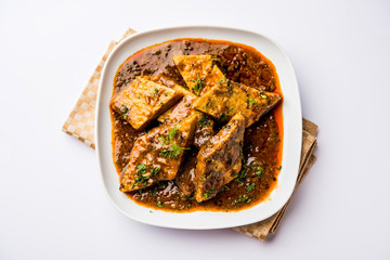 Patodi Rassa Bhaji or patwadi Sabji, a popular Maharashtrian spicy recipe served with Chapati and salad. Selective focus