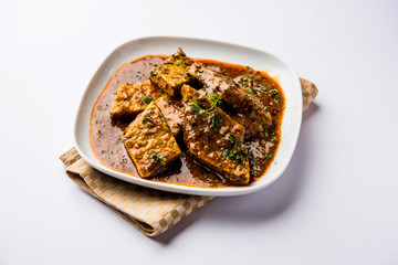 Patodi Rassa Bhaji or patwadi Sabji, a popular Maharashtrian spicy recipe served with Chapati and salad. Selective focus