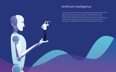 Artificial intelligence robot helping human - holding businessman in hand vector concept. Symbol of future technology, innovation and progress.