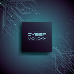 Cyber Monday sale banner vector concept with modern pcb circuit lines in background. Digital store, e-shop deals and special offers advertising and commercials. - obrazy, fototapety, plakaty