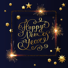 Happy New Year shiny greeting card with sparklers and golden stars.