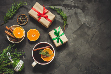 Naklejka na ściany i meble Mulled wine with spices and gifts. Happy New Year! Top view
