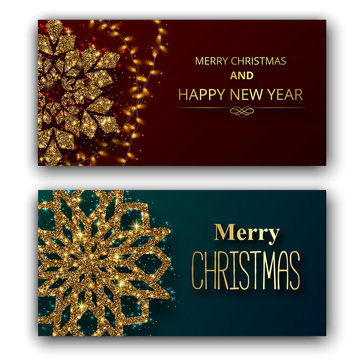 Merry Christmas and Happy New Year shiny greeting cards with golden snowflake.