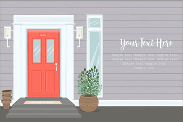 Front Door House Exterior Entrance. Web banner template background. Editable vector illustration