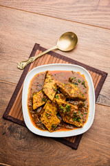 Patodi Rassa Bhaji or patwadi Sabji, a popular Maharashtrian spicy recipe served with Chapati and salad. Selective focus