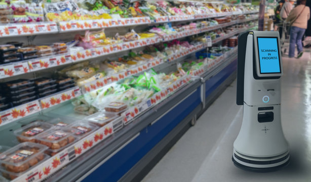 smart retail concept, robot service use for check the data of or Stores that stock goods on shelves with easily-viewed barcode and prices or photo compared against an idealized representation of store