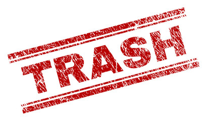 TRASH seal stamp with corroded texture. Red vector rubber print of TRASH title with grunge texture. Text title is placed between double parallel lines.