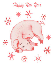 Prints with New Year piglets in watercolor style. Christmas. Postcards.