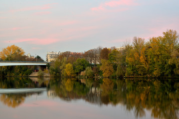 Sunset on the river Seine in autumn