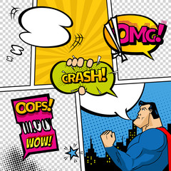 Comic book page divided by lines with speech bubbles, superhero and sounds effect. Retro background mock-up. Comics template. Vector illustration.