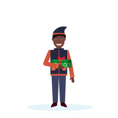african american man holding present gift box happy new year merry christmas concept male cartoon character full length isolated vector illustration