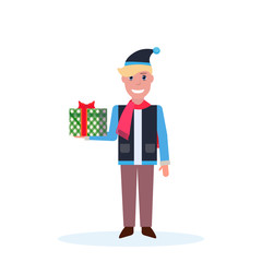 man holding present gift box happy new year merry christmas concept male cartoon character full length isolated vector illustration