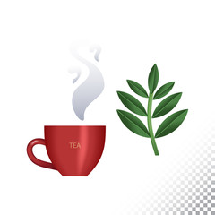 Vector flat icon illustration of tea cup and tea leaves.Colorful objects on a transparent background.