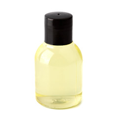 Shampoo and shower gel on a white background. Hotel cosmetic bottles isolated on white. Mini bottle set