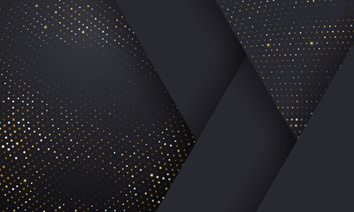 Goud en zilver halftoonpatroon op geometrische zwarte achtergrond. Vector gouden glitter gestippelde glitters of halftone glanstextuur