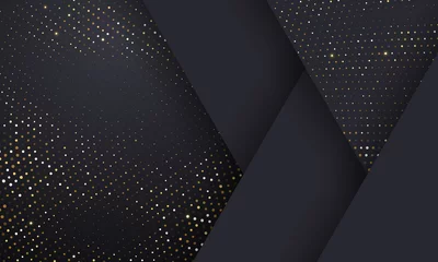 Foto op Plexiglas Woonkamer Goud en zilver halftoonpatroon op geometrische zwarte achtergrond. Vector gouden glitter gestippelde glitters of halftone glanstextuur
