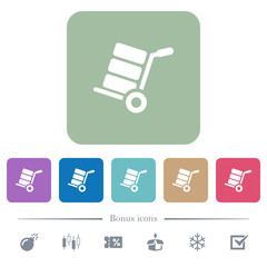 Hand truck with boxes flat icons on color rounded square backgrounds