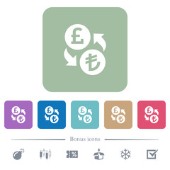 Pound Lira money exchange flat icons on color rounded square backgrounds