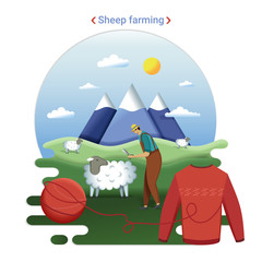 Flat farm landscape illustration of sheep farming. Rural landscape with grassland and mountains. The farmer cutting wool.