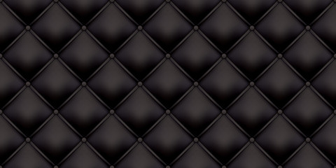Black leather upholstery pattern texture background. Vector vintage royal sofa leather upholstery with buttons seamless pattern