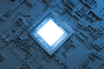 3d rendering, Circuit board and gold glow chip