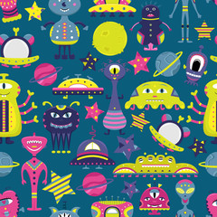 The vector cartoon seamless pattern with flat aliens, spaceships, planets, satellites and cosmonaut. Funny characters.