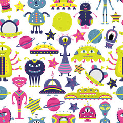 The vector cartoon seamless pattern with flat aliens, spaceships, planets, satellites and cosmonaut. Funny characters.