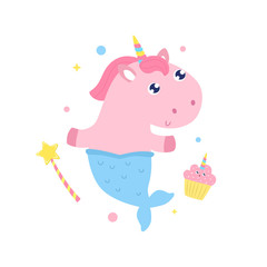 Cute unicorn mermaid and magical items vector illustration.
