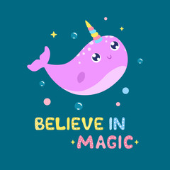 Cute narwhal and magical items vector illustration. Believe in magic card, print © Svetlana