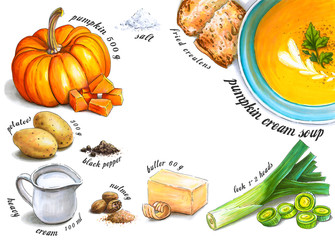 Colorful and juicy pumpkin cream soup recipe illustration. Drawing alcohol markers of autumn vegetables and culinary ingredients with a clear center for text. Healthy food.